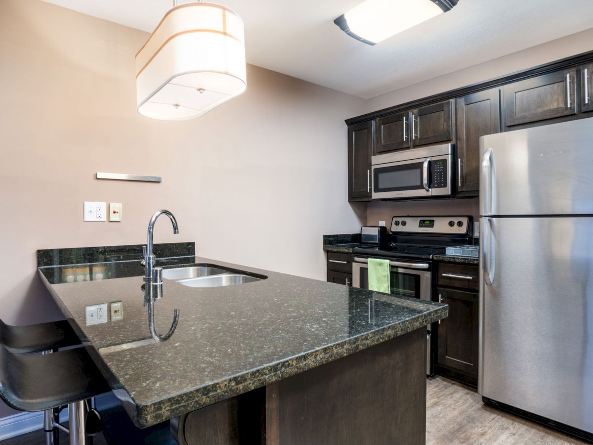 A modern kitchen with stainless steel appliances, dark cabinets, an island with a double sink, and two bar stools.