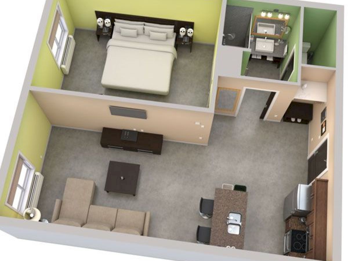 This image is a 3D floor plan of a small apartment, featuring a bedroom, bathroom, living area with a sofa, and a kitchen with a dining space.