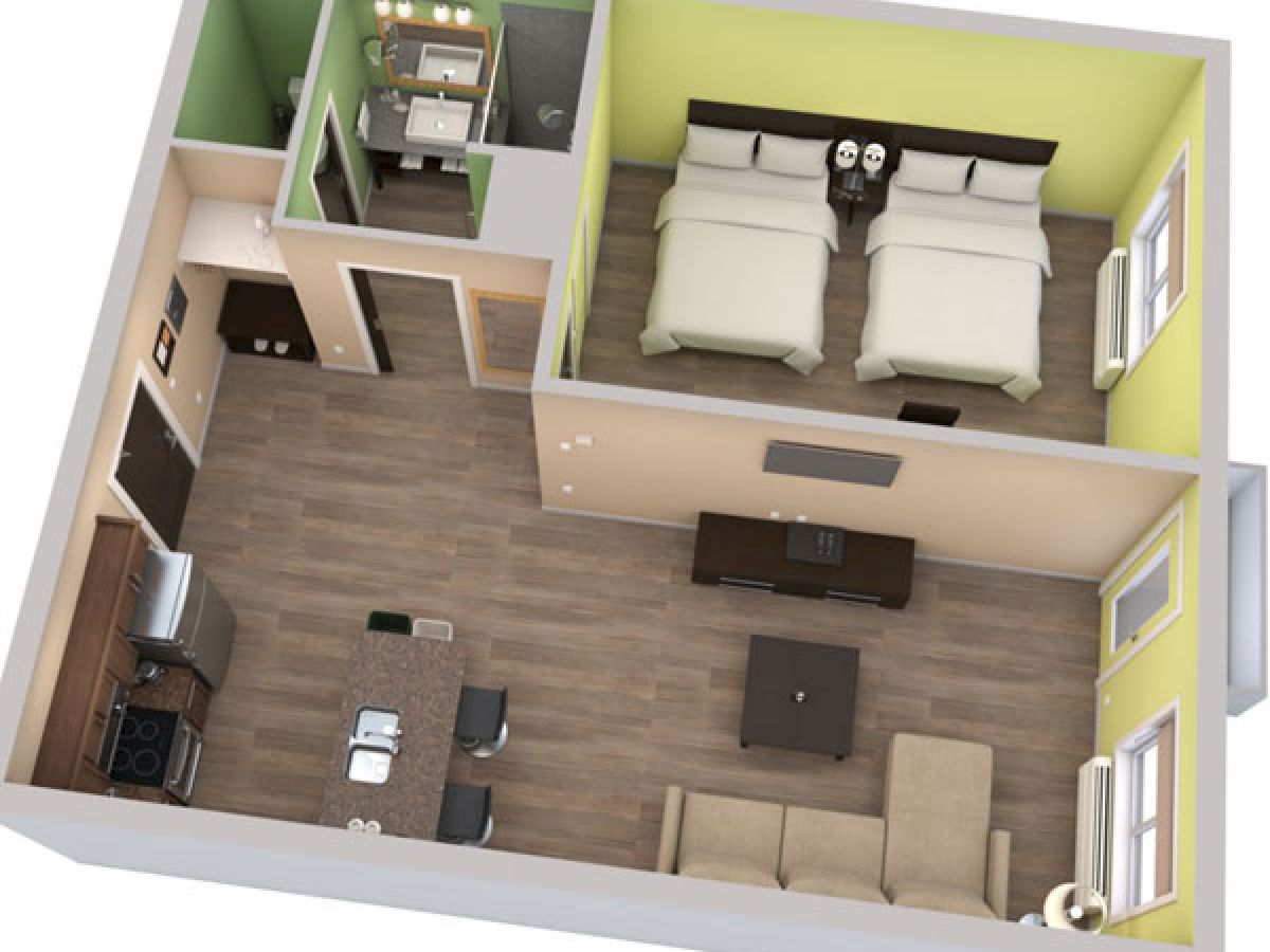 This image is a 3D layout of an apartment featuring a bedroom with two beds, a kitchen, a living area with a sofa, and a bathroom.